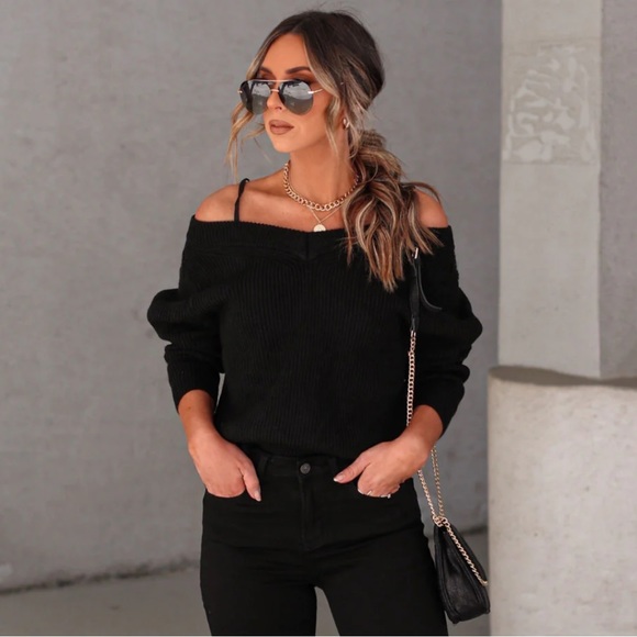 VICI Bold Black V-Neck Off The Shoulder Warm Knit Sweater - Picture 4 of 7